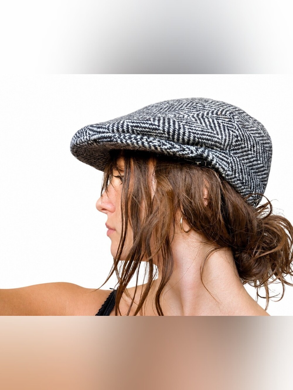 Authentic Burberry Black & White Herringbone Newsboy Cap